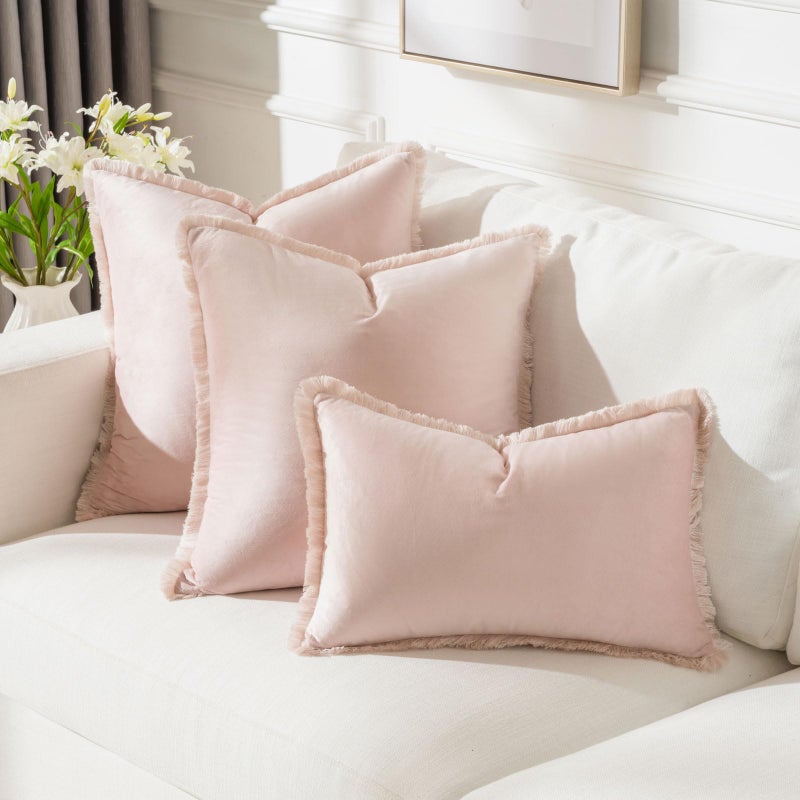 Futei Pink Boho أغطية وسادة مع شرابات 20 × 20 بوصة مجموعة من 2 ناعم مخملي تزيين وسادة ديكور المنزل لأريكة غرفة المعيشة - Image 5