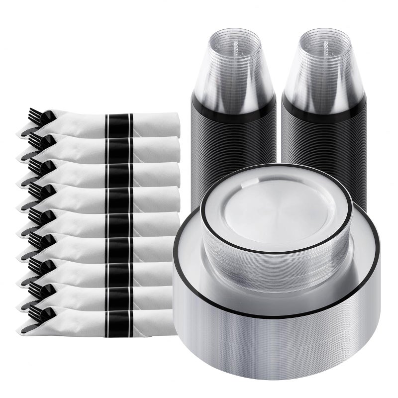 Goodluck 175 Piece Black Plastic Dinnerware Set for Party Clear Disposable Plates for 25 Guests Include 25 Dinner Plastic Plates 25 Dessert Plates 25 Pre Rolled Napkins with Cutlery Set 25 Cups
