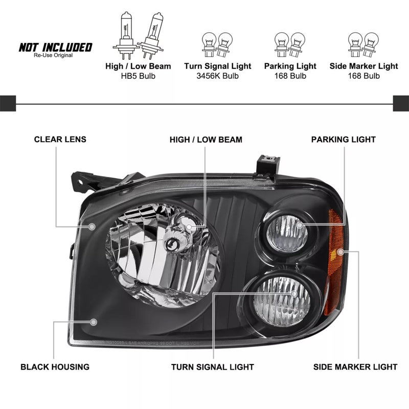 APSVE 2PCS Black Headlight Headlights Compatible with 2001 2002 2003 2004 Nissan Frontier (Base XE) Headlight+Corner Parking Turn Signal Marker Light - Image 2
