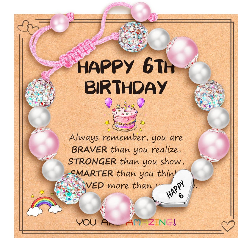 Esrial Happy 6 Year Old Birthday Gifts for Girls, Adjustable Pink Pearl Heart Beaded Bracelet for Daughter Granddaughter Niece Birthday Christmas Gifts - Image 1