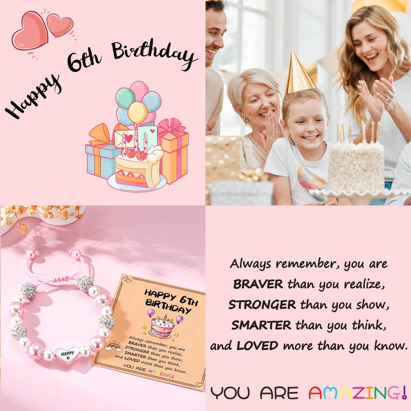 Esrial Happy 6 Year Old Birthday Gifts for Girls, Adjustable Pink Pearl Heart Beaded Bracelet for Daughter Granddaughter Niece Birthday Christmas Gifts - Image 2