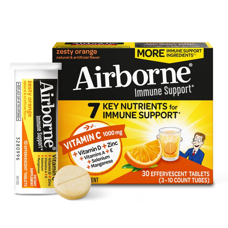 Airborne Vitamin C 1000mg per Serving Zesty Effervescent Tablets GlutenFree Immune Support Supplement Echinacea Ginger Orange Citrus 30 Count Pack of 3
