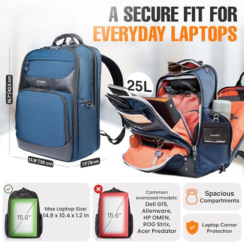 EVERKI Onyx 25L Business Laptop Backpack Professional Travel Backpack for Men Women Laptop Bag with Premium Leather Ballistic Nylon Office Flight Approved Fits Laptops up to 156 Navy - Image 3