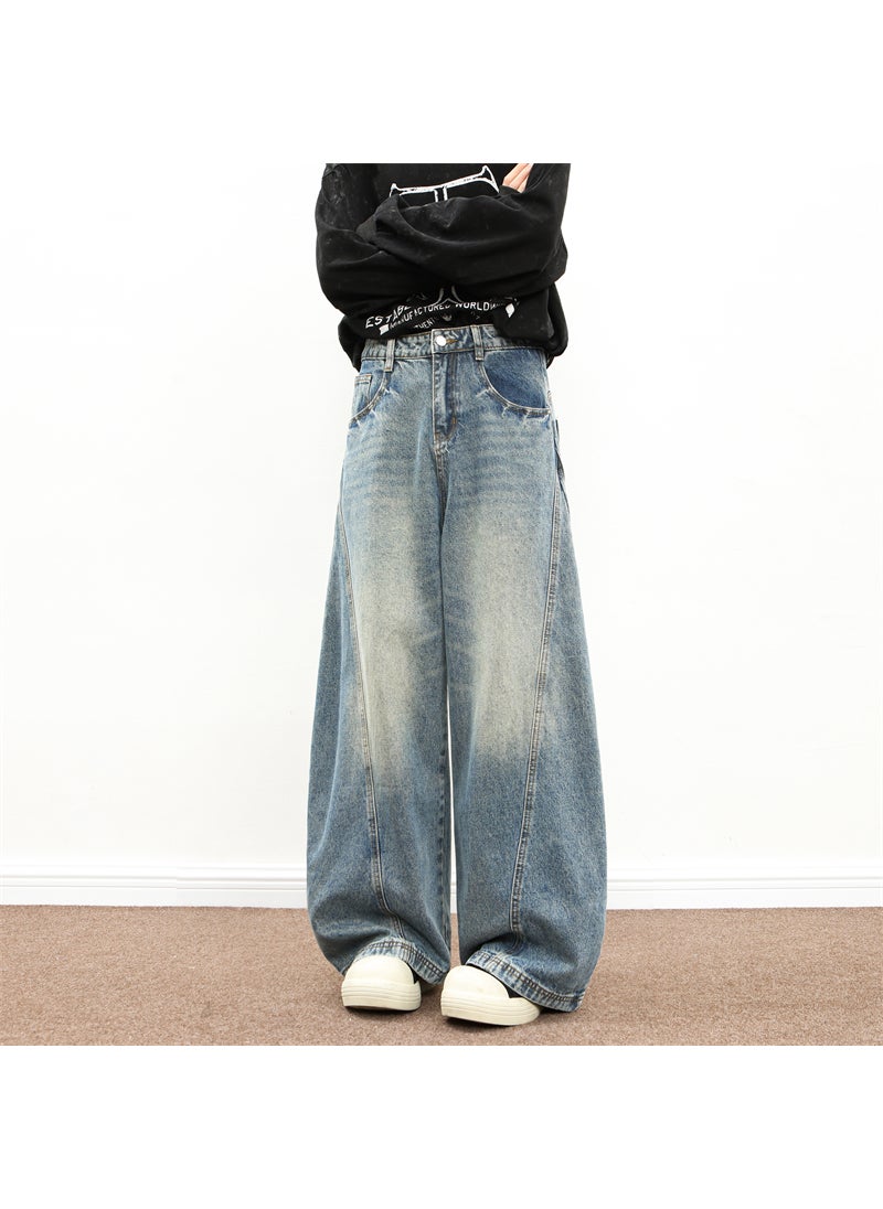 Generic American Style Retro Machete Pants Mens Spring and Autumn Washed Old Fashion Brand Street Trappy Handsome Niche Loose Wide Leg Jeans Blue 