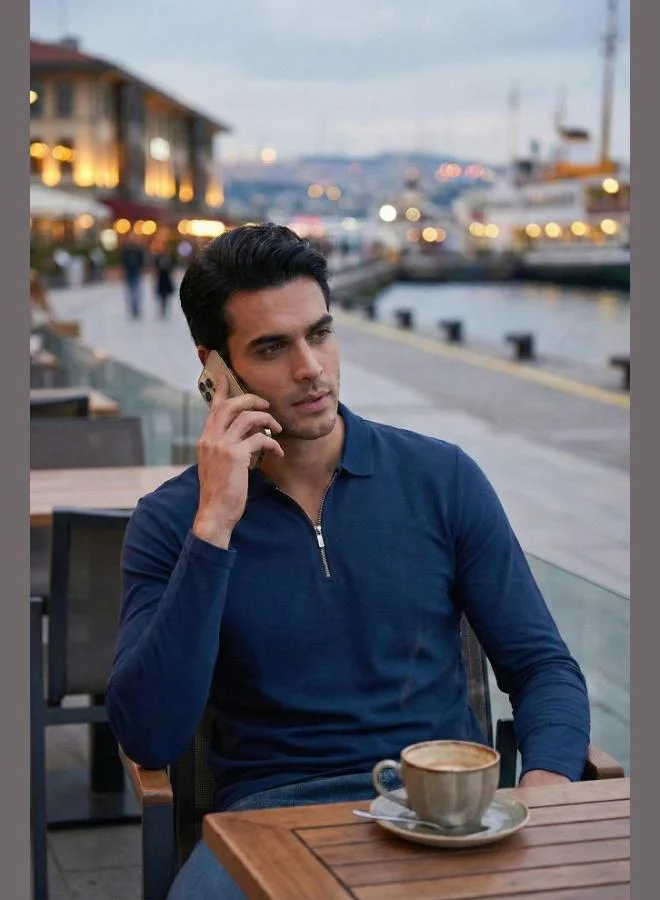 بوراتي بلوزة بولو بسحاب نصفي قطنية بقصة ضيقة للرجال من بوراتي