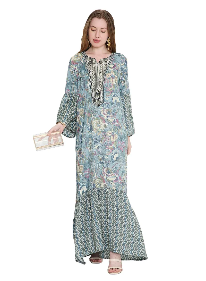 HANA & SARA long viscose printed farasha with unique thread embroidered arabic kaftan jalabiya dress