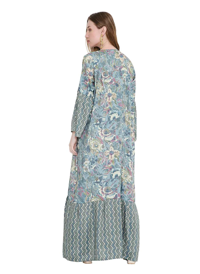 هانا آند سارا long viscose printed farasha with unique thread embroidered arabic kaftan jalabiya dress