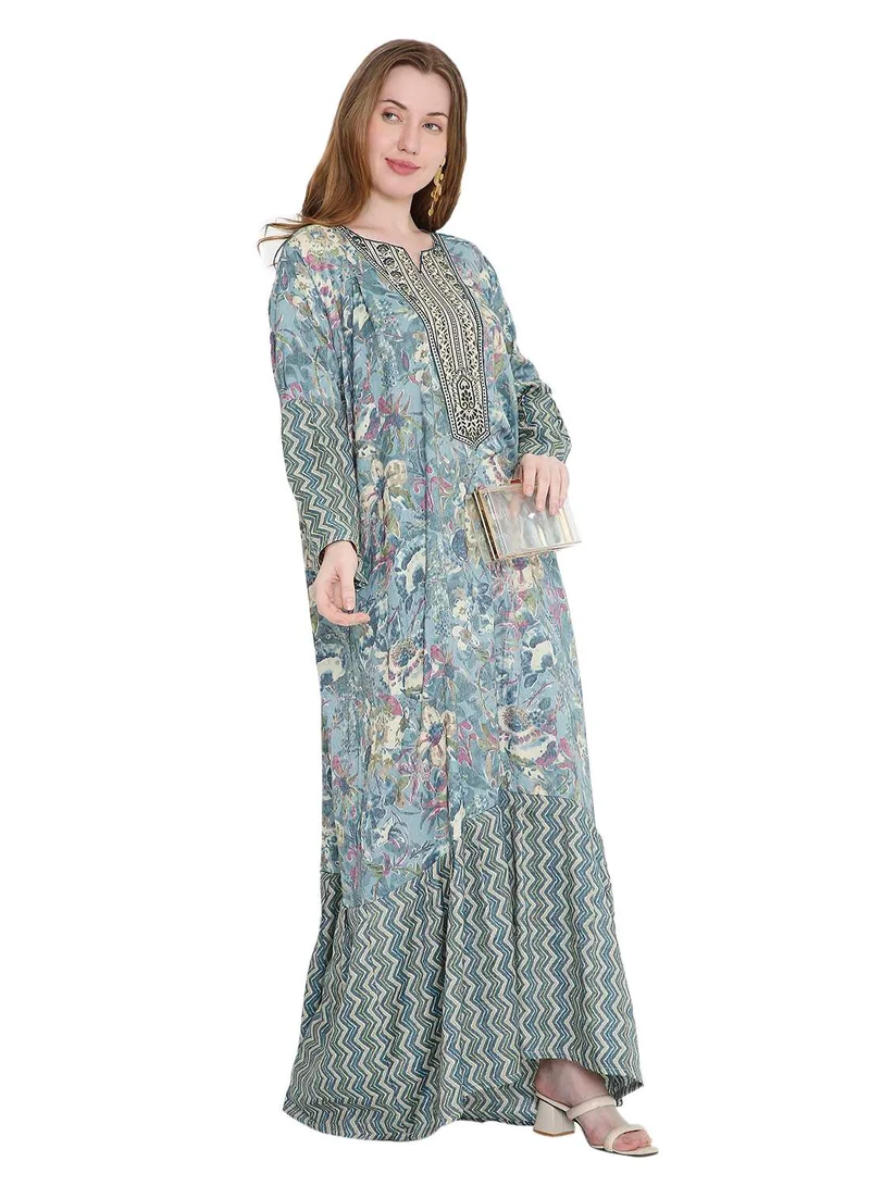 HANA & SARA long viscose printed farasha with unique thread embroidered arabic kaftan jalabiya dress