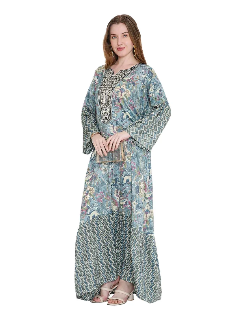 هانا آند سارا long viscose printed farasha with unique thread embroidered arabic kaftan jalabiya dress