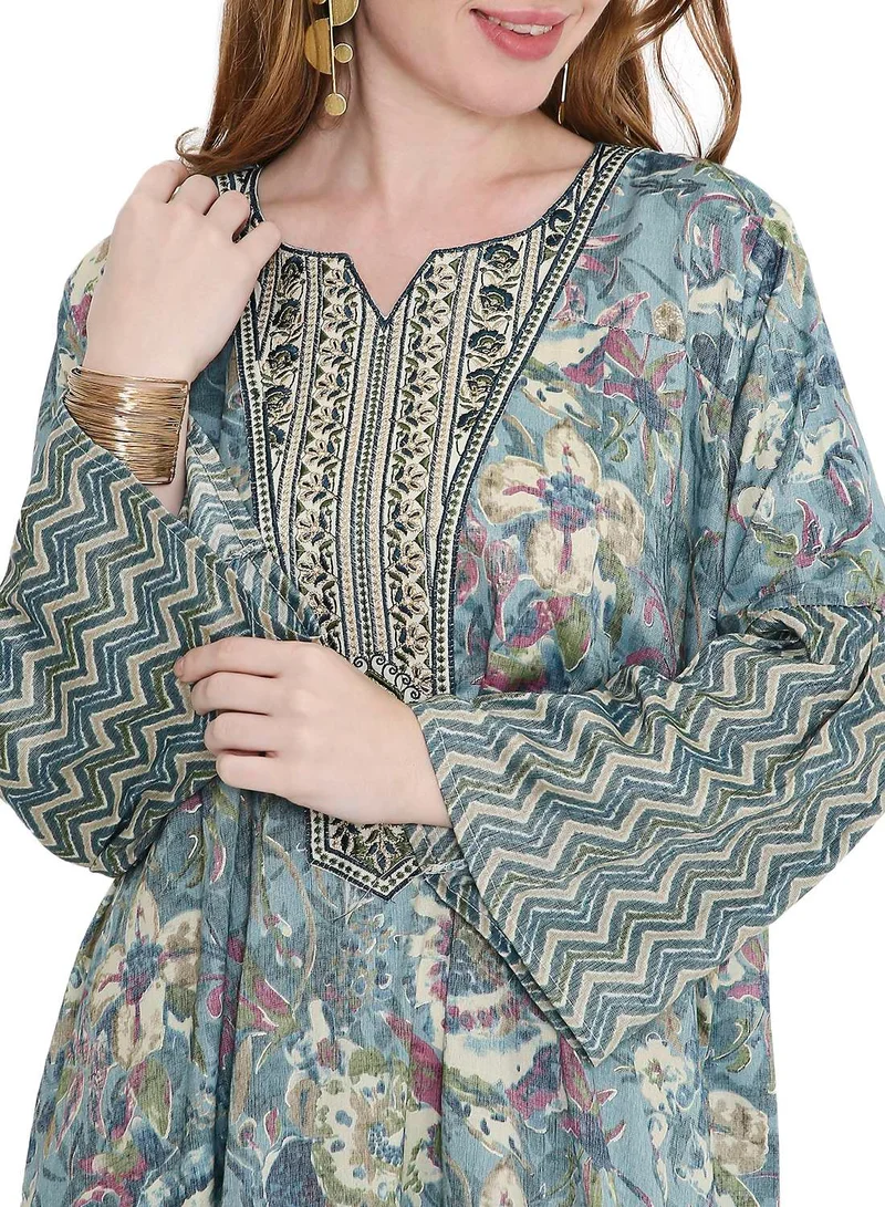 HANA & SARA long viscose printed farasha with unique thread embroidered arabic kaftan jalabiya dress