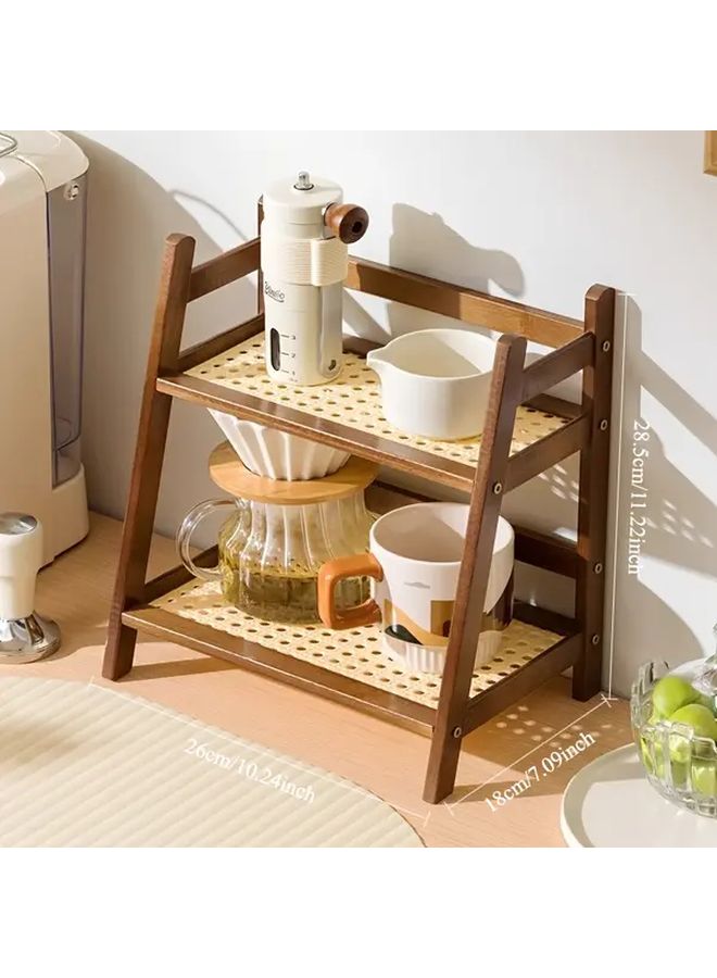 Brown Double Layer Wooden Cup Holder Artificial Rattan Mug Organizer 2 Sizes - Image 1