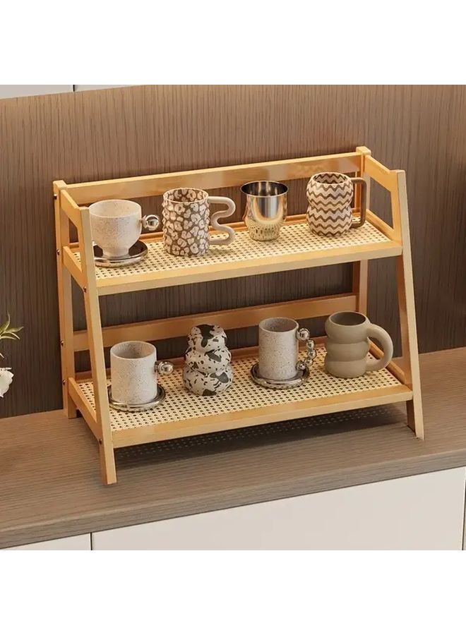 Brown Double Layer Wooden Cup Holder Artificial Rattan Mug Organizer 2 Sizes - Image 3