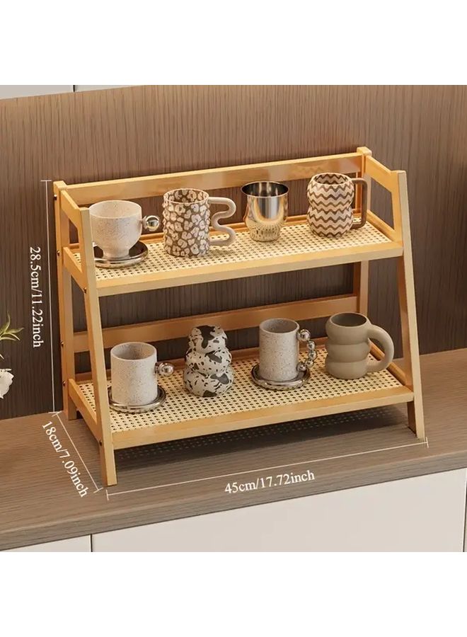 Brown Double Layer Wooden Cup Holder Artificial Rattan Mug Organizer 2 Sizes - Image 4