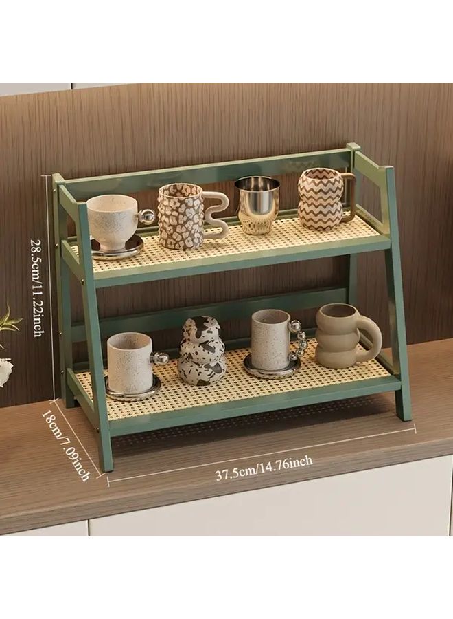 Brown Double Layer Wooden Cup Holder Artificial Rattan Mug Organizer 2 Sizes - Image 2