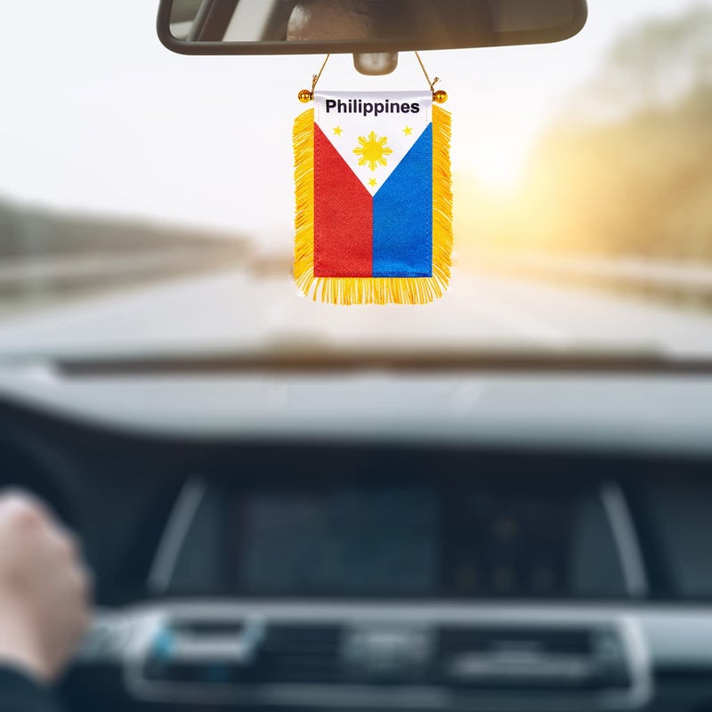WXTWK 3 X 5 Inch Philippine Philippines Flag Filipino Window Hanging Flag Small Mini Car Flags Banners Rearview Mirror Decoration With Suction Cup Golden Fringy Banner - Image 4