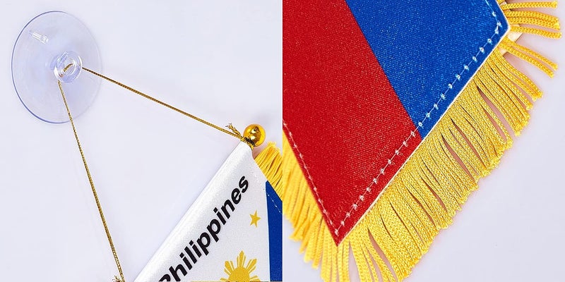 WXTWK 3 X 5 Inch Philippine Philippines Flag Filipino Window Hanging Flag Small Mini Car Flags Banners Rearview Mirror Decoration With Suction Cup Golden Fringy Banner - Image 3