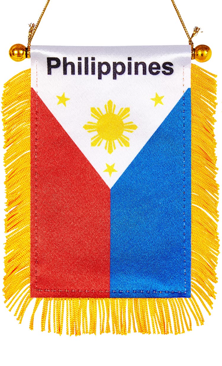WXTWK 3 X 5 Inch Philippine Philippines Flag Filipino Window Hanging Flag Small Mini Car Flags Banners Rearview Mirror Decoration With Suction Cup Golden Fringy Banner - Image 1
