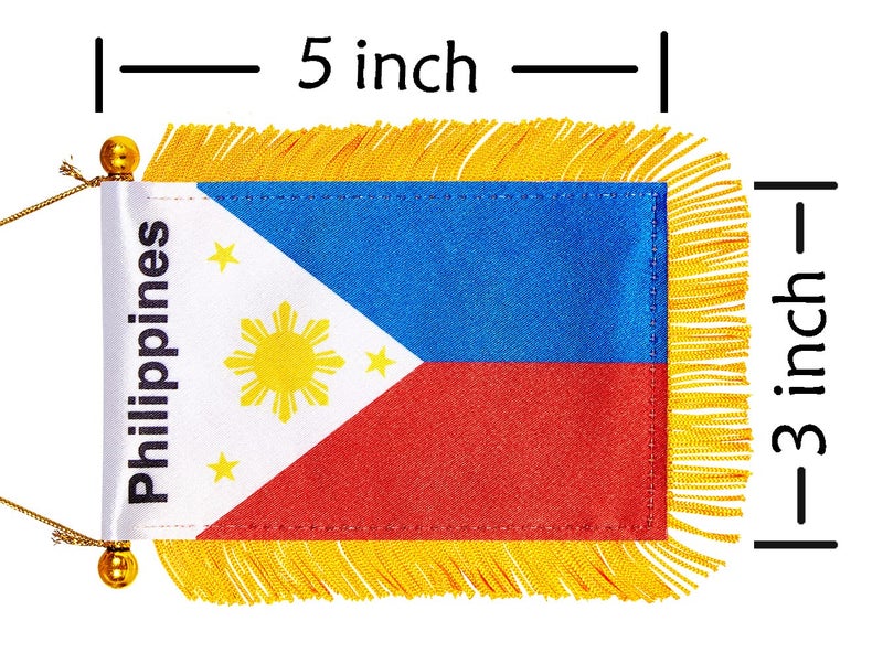 WXTWK 3 X 5 Inch Philippine Philippines Flag Filipino Window Hanging Flag Small Mini Car Flags Banners Rearview Mirror Decoration With Suction Cup Golden Fringy Banner - Image 2