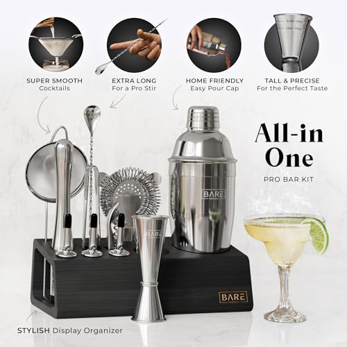 BARE BARREL® Mixology Bartender Kit Bar Set | 14-Piece Cocktail Shaker Set | Martini Barware Mixing Tools for Home Bartending | Incl. 35 Recipe Cards | Gift Set (24oz Cobbler Shaker, Silver/Black) - Image 2