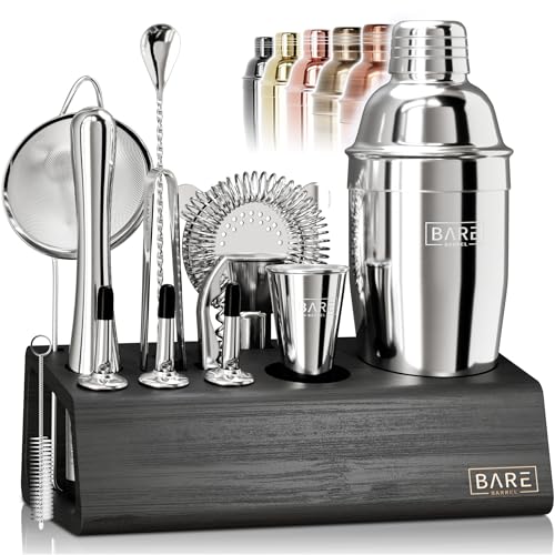 BARE BARREL® Mixology Bartender Kit Bar Set | 14-Piece Cocktail Shaker Set | Martini Barware Mixing Tools for Home Bartending | Incl. 35 Recipe Cards | Gift Set (24oz Cobbler Shaker, Silver/Black) - Image 1