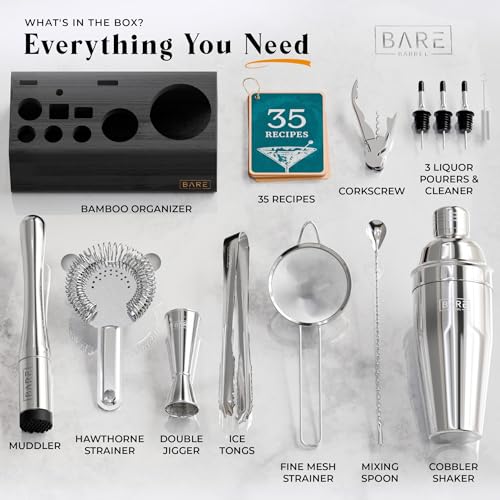 BARE BARREL® Mixology Bartender Kit Bar Set | 14-Piece Cocktail Shaker Set | Martini Barware Mixing Tools for Home Bartending | Incl. 35 Recipe Cards | Gift Set (24oz Cobbler Shaker, Silver/Black) - Image 4
