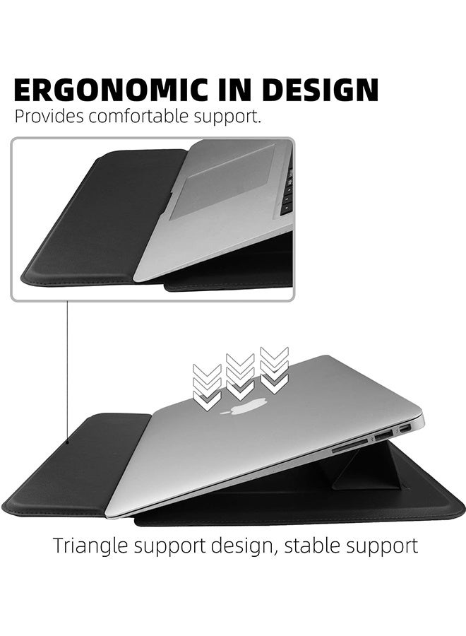 جراب كمبيوتر محمول مقاس 13.3 بوصة جراب جلد PU متوافق مع MacBook Air M1 M2 2022-2018 / MacBook Pro 13 M2 2022-2016 ، Surface Pro 8 2021 / Surface Go 3 2021 ، حقيبة بكم مع حامل أسود - Image 4