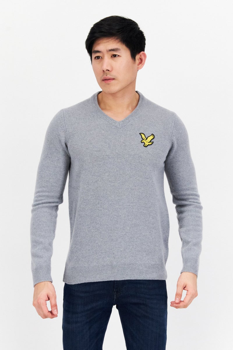 Lyle & Scott Men V-Neck Embroidered Logo Long Sleeve Sweater, Grey - Image 1
