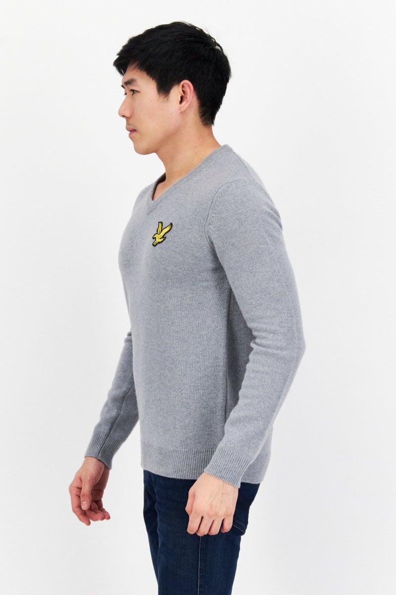 Lyle & Scott Men V-Neck Embroidered Logo Long Sleeve Sweater, Grey - Image 2