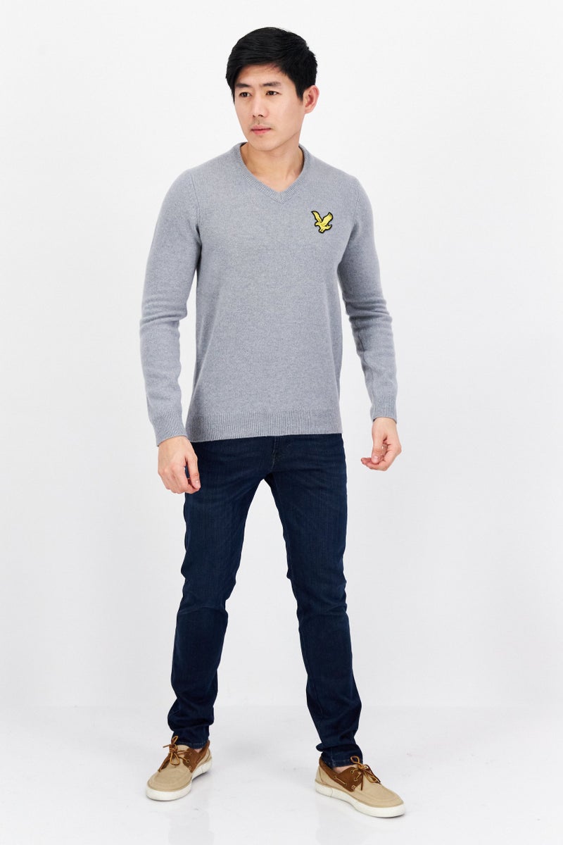 Lyle & Scott Men V-Neck Embroidered Logo Long Sleeve Sweater, Grey - Image 4