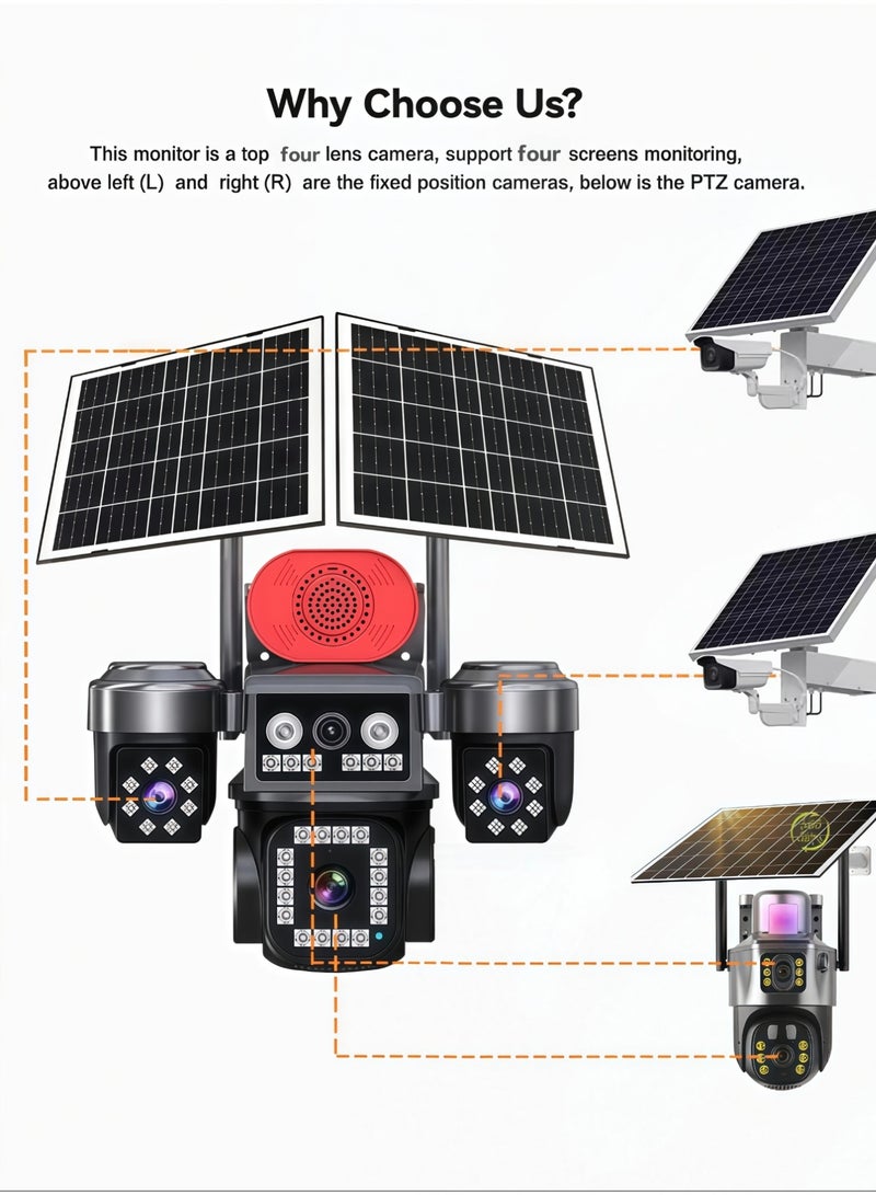 AOV 20MP 8K Solar 4G Secruity Camera Four Triple Lens Four Views PTZ 360 Full Color Night Vision Outdoor PIR Human Detection，4 lenses show 4 views, motion detection + red - blue alerts, two - way talk—all - round! (With 128GB SD Card) - Image 5