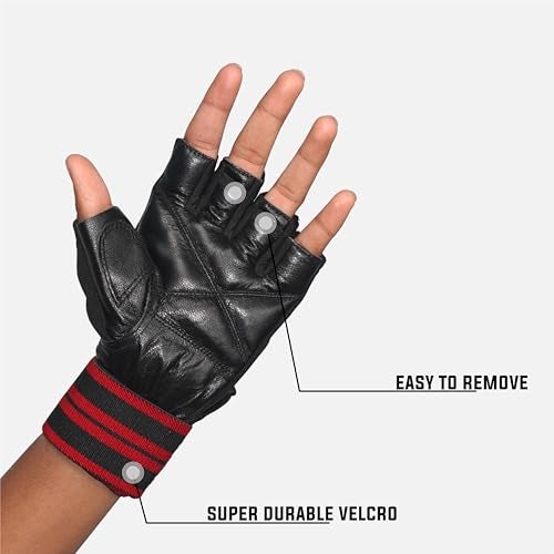 RUBX Leather Gym Gloves for Men & Women with Wrist Support – Half Finger Workout Gloves for Weightlifting, Training, Fitness, Hand Protection & Grip Strength Gym Accessories (Red & Black Size-L) - Image 3