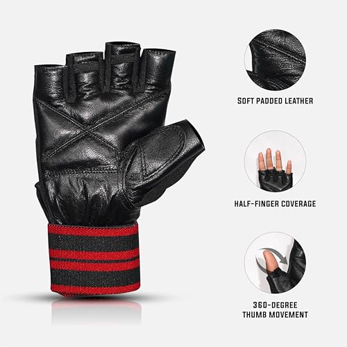 RUBX Leather Gym Gloves for Men & Women with Wrist Support – Half Finger Workout Gloves for Weightlifting, Training, Fitness, Hand Protection & Grip Strength Gym Accessories (Red & Black Size-L) - Image 2