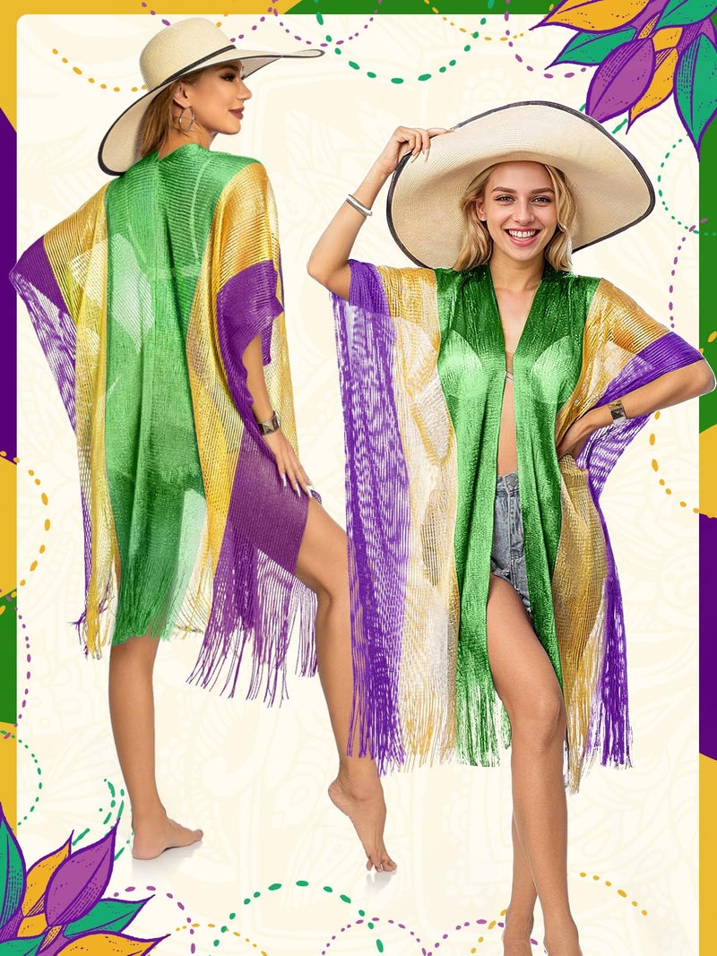 BOARDFEB Mardi Gras Shawl Scarf Poncho Outfits for Women Mardi Gras Outdoor Party Holiday Masquerade Costume Accessories (Stripe Style) - Image 5