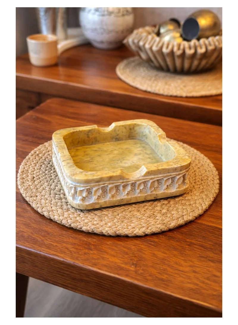 Tohfa Luxe Tohfa Luxe Sahra Handcrafted Beige Marble Ash Tray – Square Artisan Cutwork Design (10 × 10 × 3 cm)