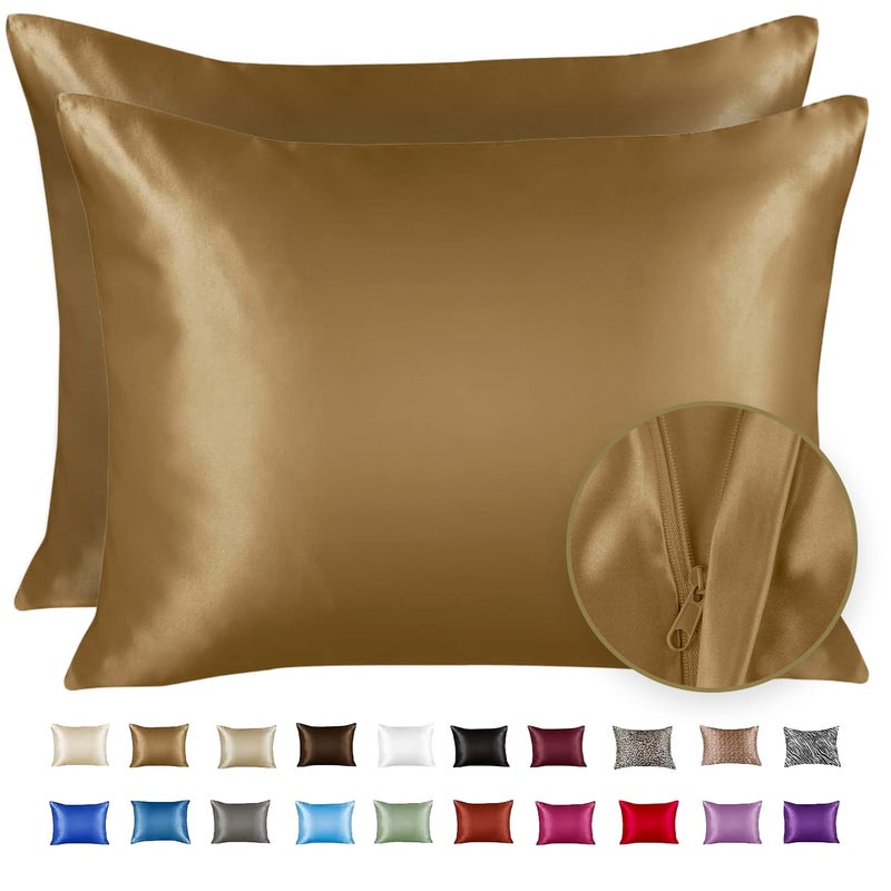 ShopBedding Satin Pillowcase with Zipper for Hair and Skin Care Feels Soft and Cool Like a Silk Pillowcase Gold Satin Pillow Cases 2 Pack Slik Pillow Cover King Size  Set of 2  Blissford