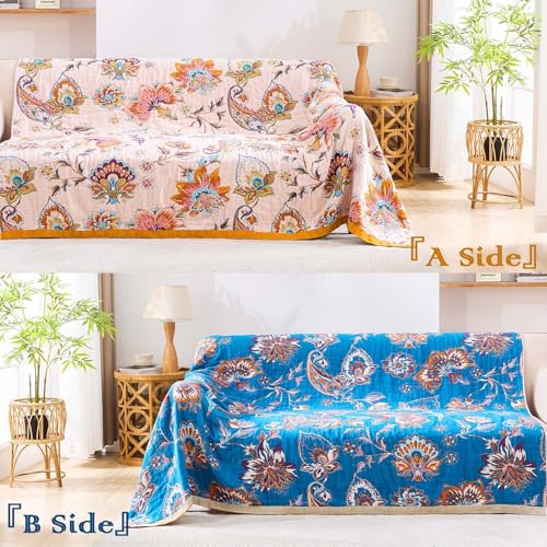 XIBLC Boho Throw Blanket for Bed, 100% Cotton Soft Rustic Quilt Fall Blanket, 80"x90" Floral Printed Farmhouse Decor Bed Blankets, All Season Rustic Reversible Bohemian Throw Quilt - Image 4