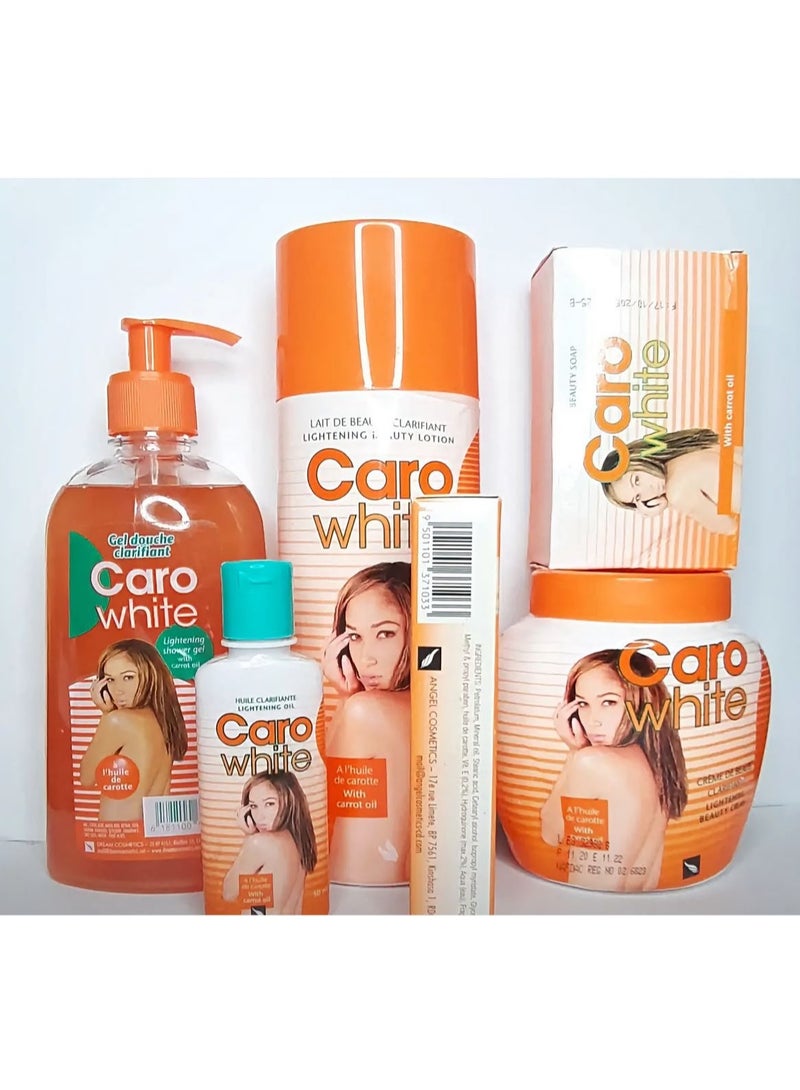 كارو وايت مجموعة كارو وايت لتفتيح البشرة، ٦ قطع: جل استحمام واحد، لوشن ٣٠٠ مل، كريم مرطب ٣٠٠ مل، كريم أنبوب ٣٠ مل، زيت ٥٠ مل، وصابون ١٨٠ غرام