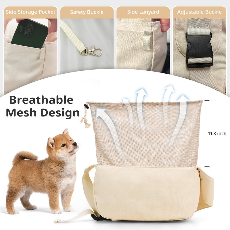 ONECUTE Dog Sling Carrier for Small Dogs and Cats, Lightweight Collapsible Pet Travel Bag with Adjustable Strap, Side Pockets & Breathable Mesh (Beige, 15.7" L x 5.9" W x 8.6" H) - Image 4