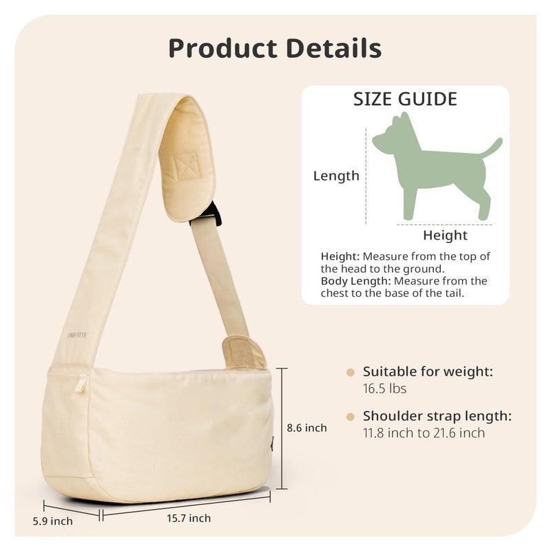 ONECUTE Dog Sling Carrier for Small Dogs and Cats, Lightweight Collapsible Pet Travel Bag with Adjustable Strap, Side Pockets & Breathable Mesh (Beige, 15.7" L x 5.9" W x 8.6" H) - Image 2
