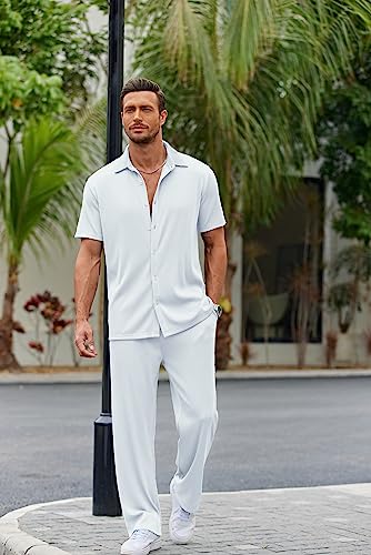 COOFANDY Mens Sets 2 Piece Outfits Fashion Button Up Loose Shirt Elastic Waist Pants Suit - Image 2