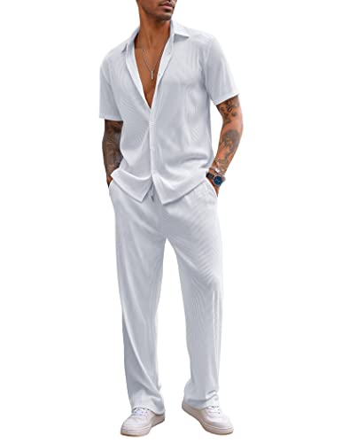 COOFANDY Mens Sets 2 Piece Outfits Fashion Button Up Loose Shirt Elastic Waist Pants Suit - Image 1