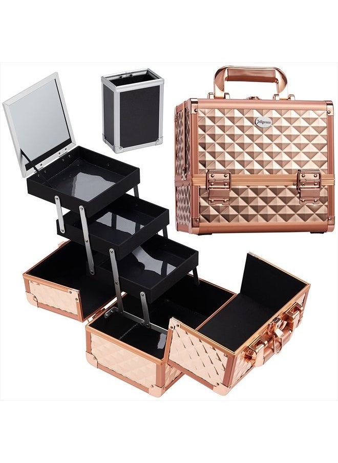 Joligrace - Makeup Train Case Cosmetic Box Jewelry Organizer Professional 3 Tiers Trays with Mirror and Brush Holder Lockable Key Portable Travel - Rose Gold - Image 1