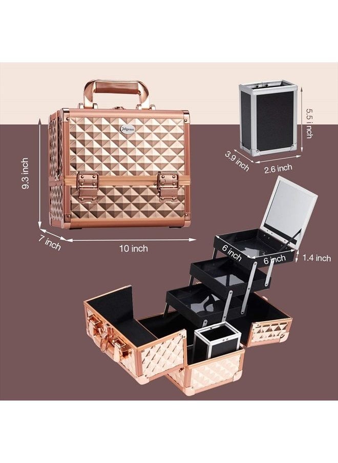 Joligrace - Makeup Train Case Cosmetic Box Jewelry Organizer Professional 3 Tiers Trays with Mirror and Brush Holder Lockable Key Portable Travel - Rose Gold - Image 1