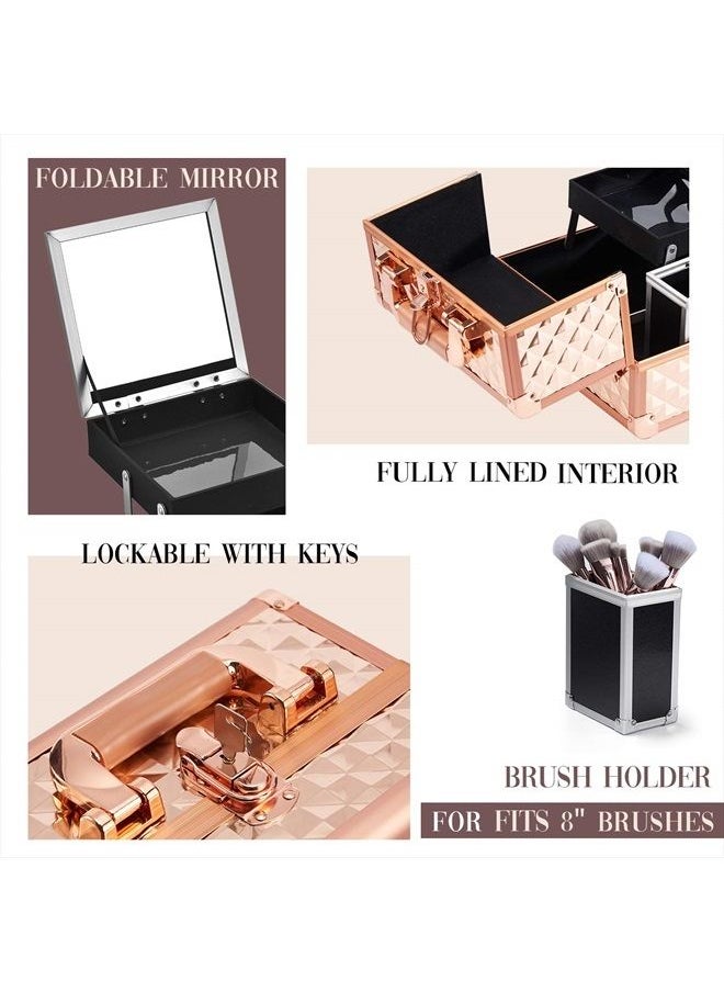 Joligrace - Makeup Train Case Cosmetic Box Jewelry Organizer Professional 3 Tiers Trays with Mirror and Brush Holder Lockable Key Portable Travel - Rose Gold - Image 1