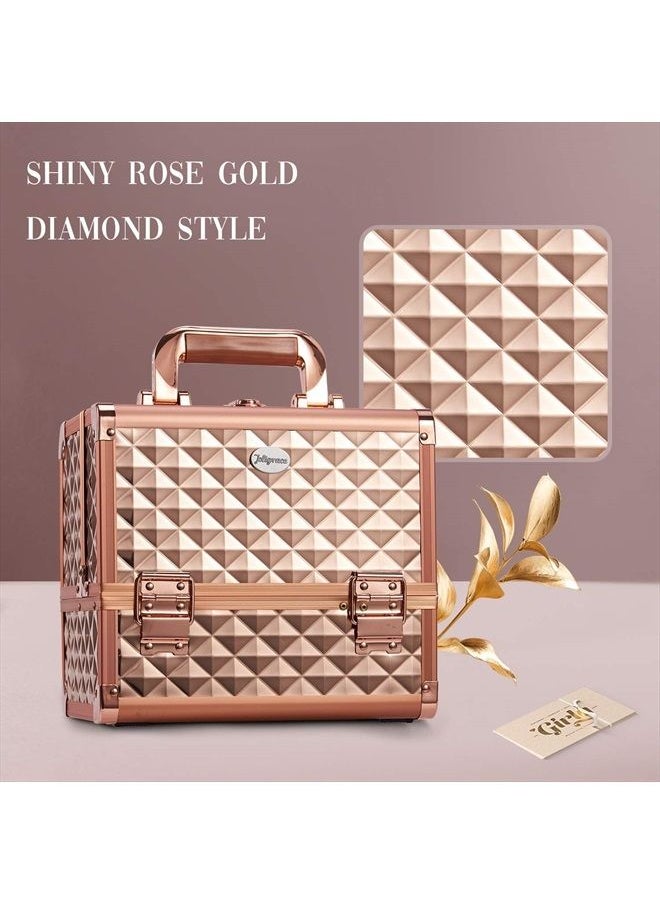 Joligrace - Makeup Train Case Cosmetic Box Jewelry Organizer Professional 3 Tiers Trays with Mirror and Brush Holder Lockable Key Portable Travel - Rose Gold - Image 1