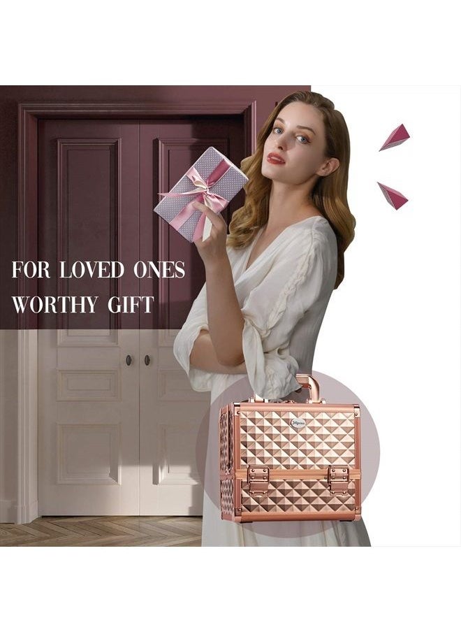 Joligrace - Makeup Train Case Cosmetic Box Jewelry Organizer Professional 3 Tiers Trays with Mirror and Brush Holder Lockable Key Portable Travel - Rose Gold - Image 1