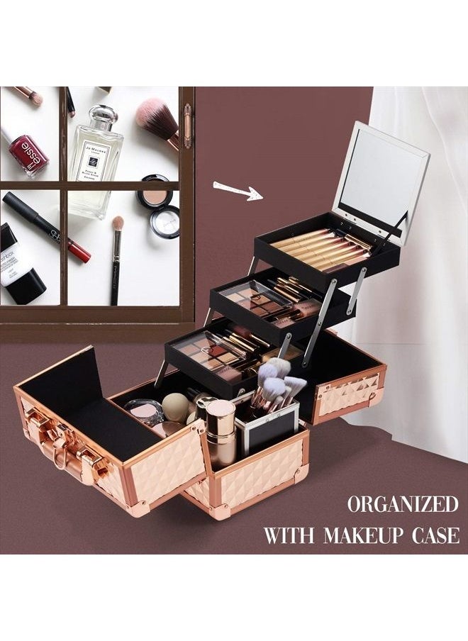 Joligrace - Makeup Train Case Cosmetic Box Jewelry Organizer Professional 3 Tiers Trays with Mirror and Brush Holder Lockable Key Portable Travel - Rose Gold - Image 1