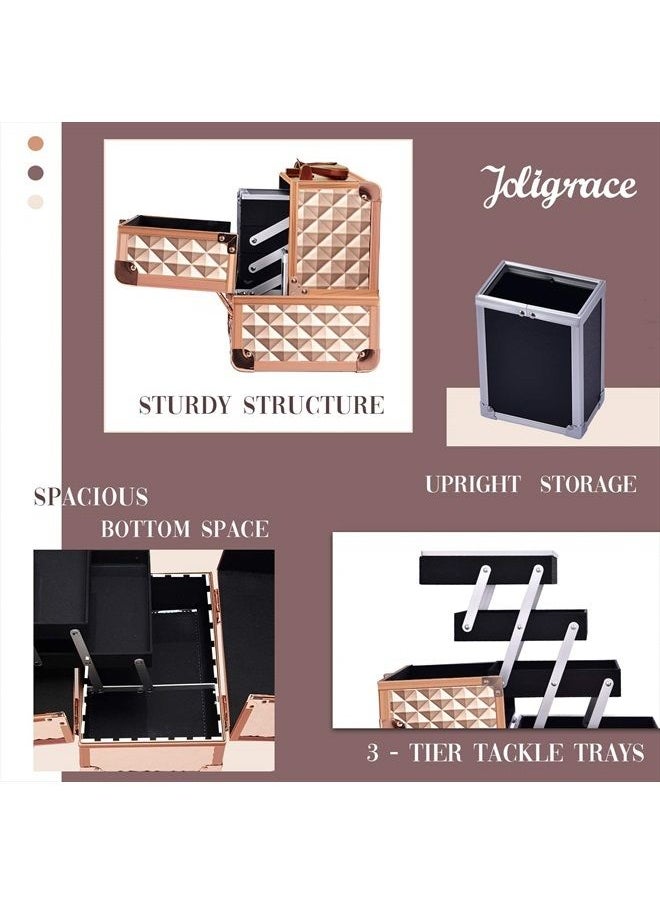Joligrace - Makeup Train Case Cosmetic Box Jewelry Organizer Professional 3 Tiers Trays with Mirror and Brush Holder Lockable Key Portable Travel - Rose Gold - Image 1