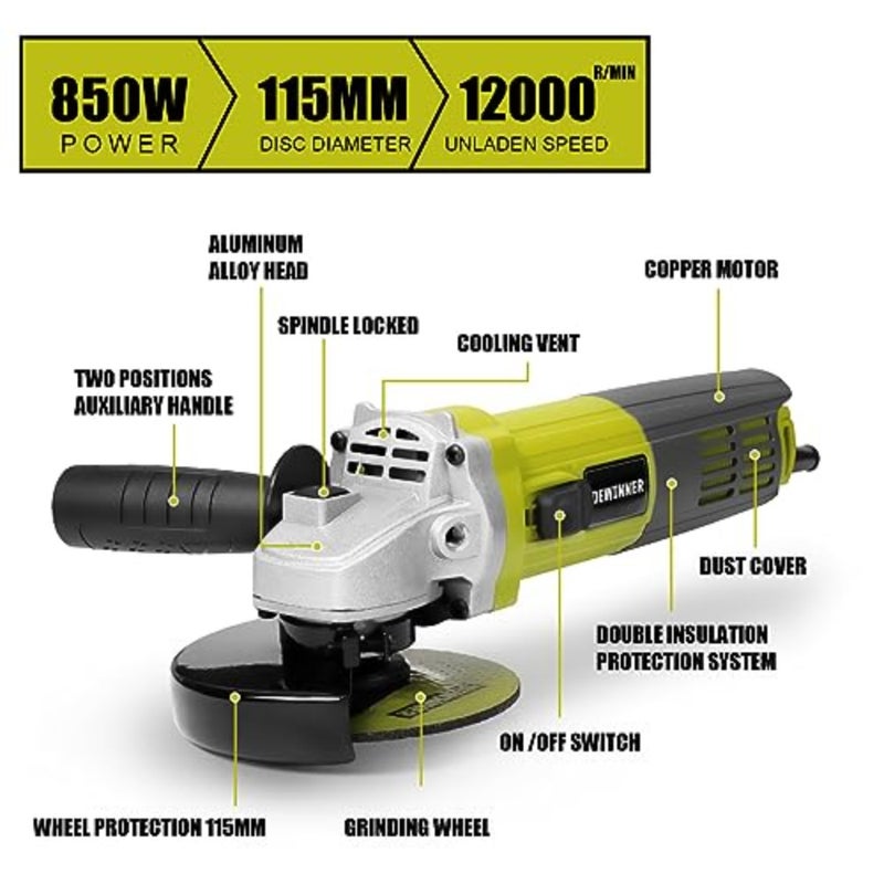 Angle Grinder tool 850W, 12000RPM Grinders Power Tools with Disc 115mm+ 6 Discs and Side Handle and Glove, Adjustable Pin, Cutting Grinding Polishing 220-240 V, Compact Design, Easy Storage - Image 3