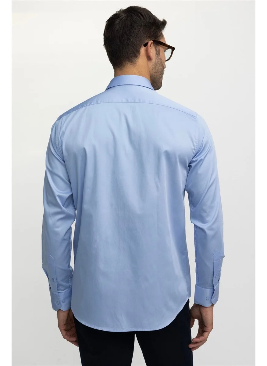 Tudors Classic Fit Long Sleeve Relaxed Cut Cotton Satin, Men's Blue Shirt